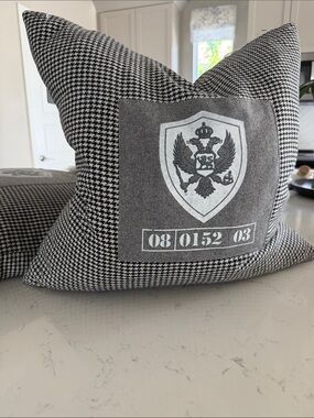 Pair of Houndstooth Decorative Pillows with Crest Patch - Black & White